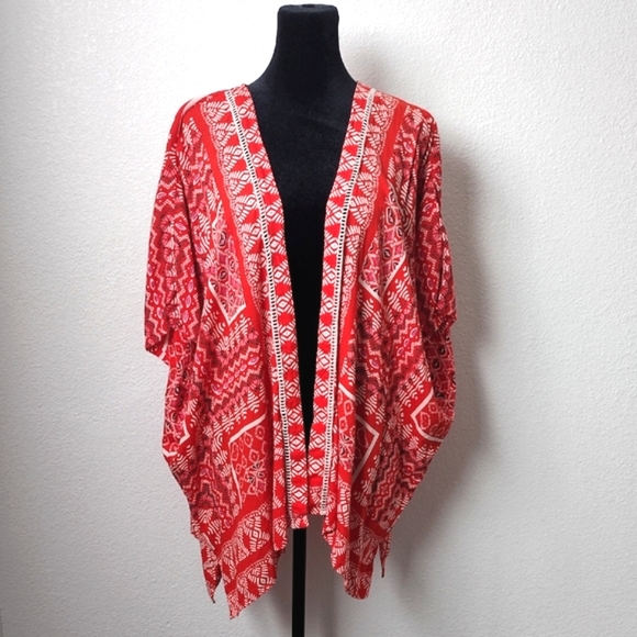 Angie women's boho hippie red orange artisticity midi kimono open cardigan L - Picture 2 of 10